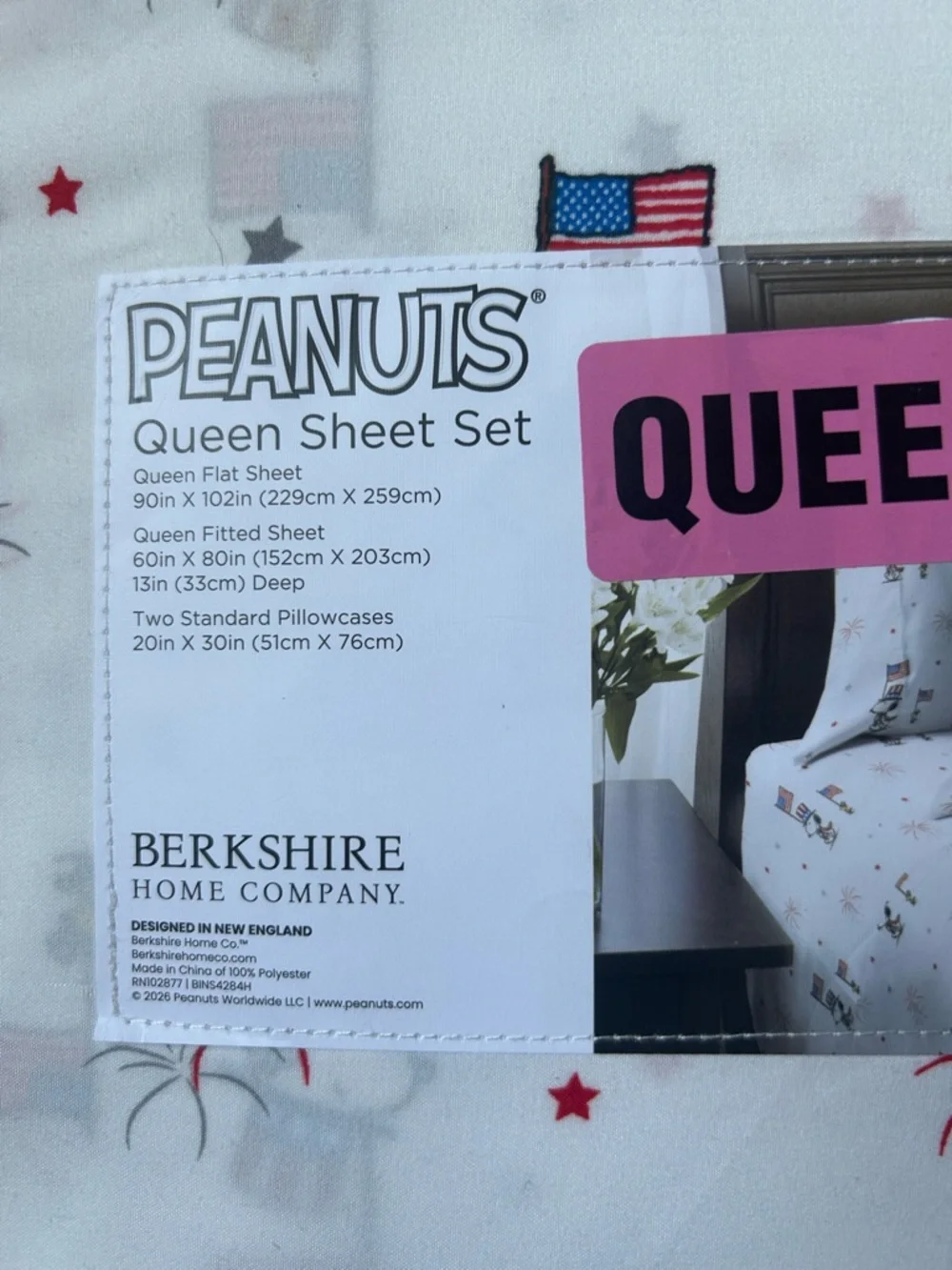New Peanuts Snoopy Queen Sheet Set Americana July 4th Flag Stars Fireworks